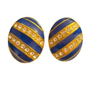 Blue Gold‎ Rhinestone Oval Clip On Earrings Statement Fashion Jewelry
